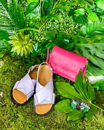 Marni lavender calfskin crisscross Fussbett sandals and raspberry pink trunk bag