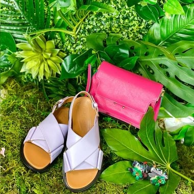 Marni lavender calfskin crisscross Fussbett sandals and raspberry pink trunk bag