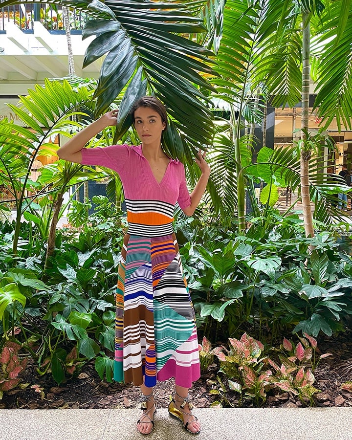 Missoni knit blouse, wide waist technicolor knit skirt and sandals with ankle lacing and small tassels from the SS21 collection.