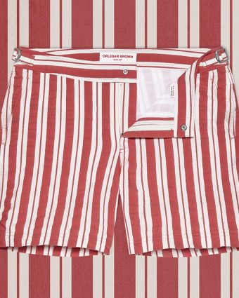 Orlebar Brown Island Stripe Rescue Red/White Sand Bulldog Swim Shorts.