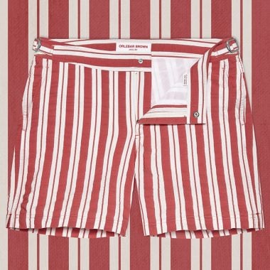 Orlebar Brown Island Stripe Rescue Red/White Sand Bulldog Swim Shorts.