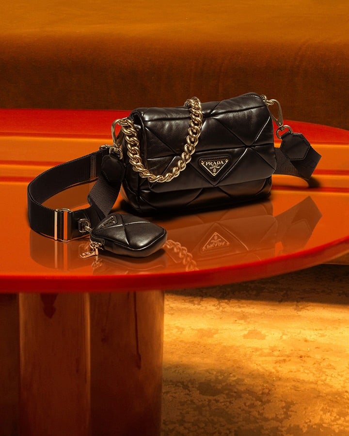 “System” Quilted Nappa Leather Bag with removable chain from Prada’s Spring Summer 2021 Collection.