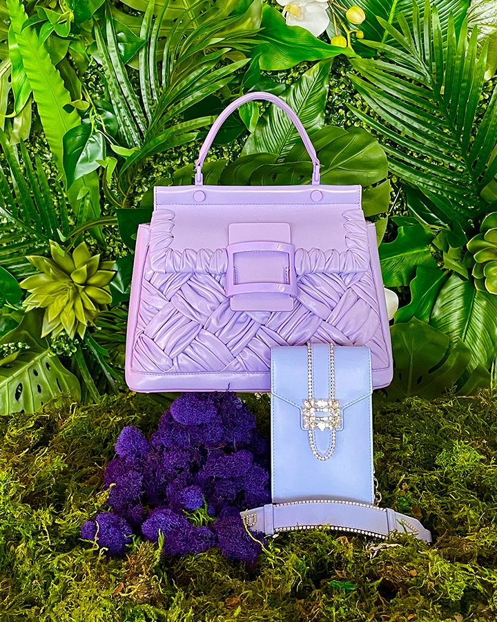 Roger Vivier violet Viv’ Cabas Foulard bag and Roger Vivier jewel-encrusted Miss Vivier pocket phone holder in violet