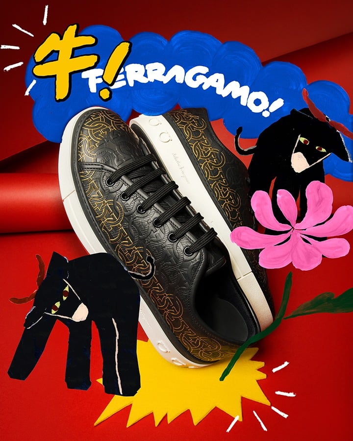 Gancini Sneaker from Salvatore Ferragamo's “Year of the Ox” creative project with exclusive artworks created by artist Charlotte Mei.