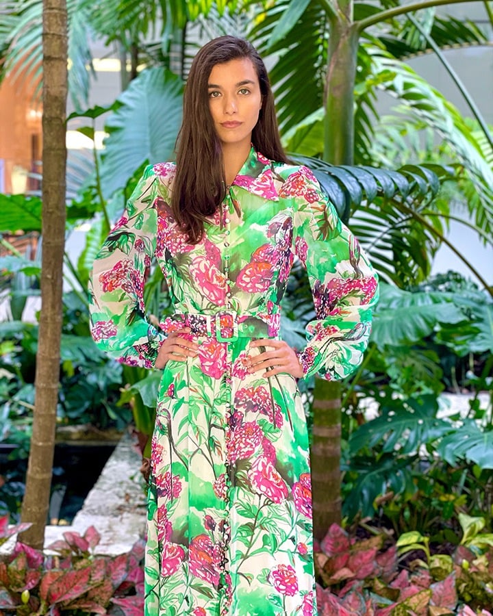 Scanlan Theodore GGT floral print dress in emerald from the SS21 collection.