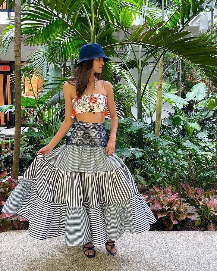 Silvia Tcherassi Hammon bucket hat, Fresco bralette and Flagler skirt from the SS21 collection.
