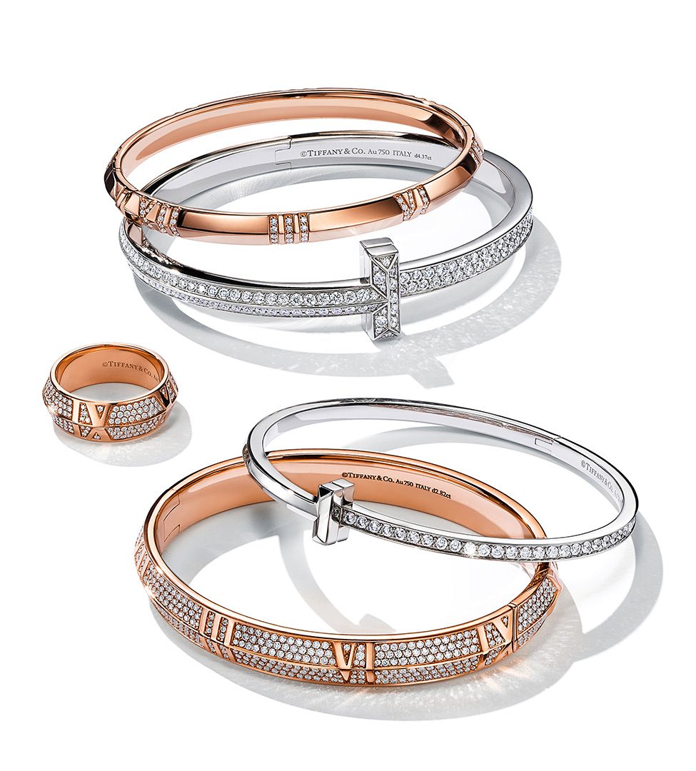Tiffany & Co. T1 bangles, Atlas® X bangles and Atlas X ring.