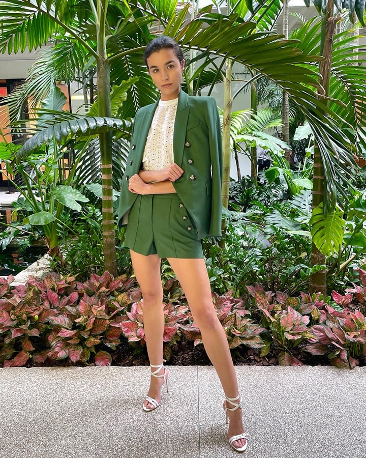 Veronica Beard Amadi textured sateen Dickey jacket, pine textured Sateen short and Jie eyelet top from the SS21 collection.
