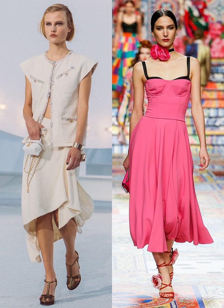 From left: looks from Chanel and Dolce & Gabbana’s SS21 collections.