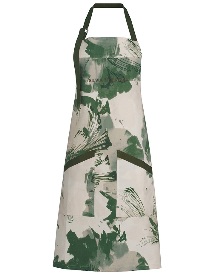 Green leaf water color brush stroke apron with Silvia Tcherassi logo and front pockets.