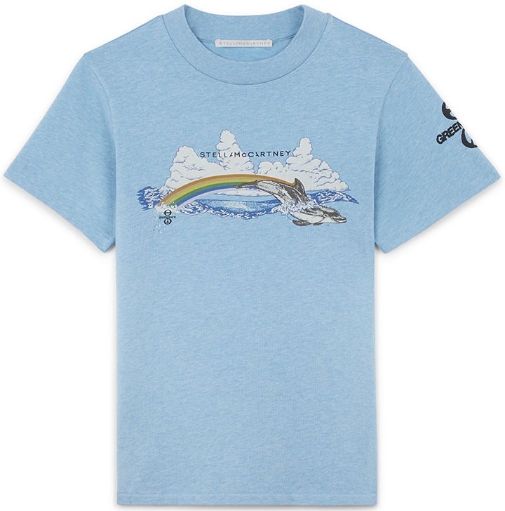 Stella McCartney GreenPeace T-shirt in light blue with dolphin graphic.