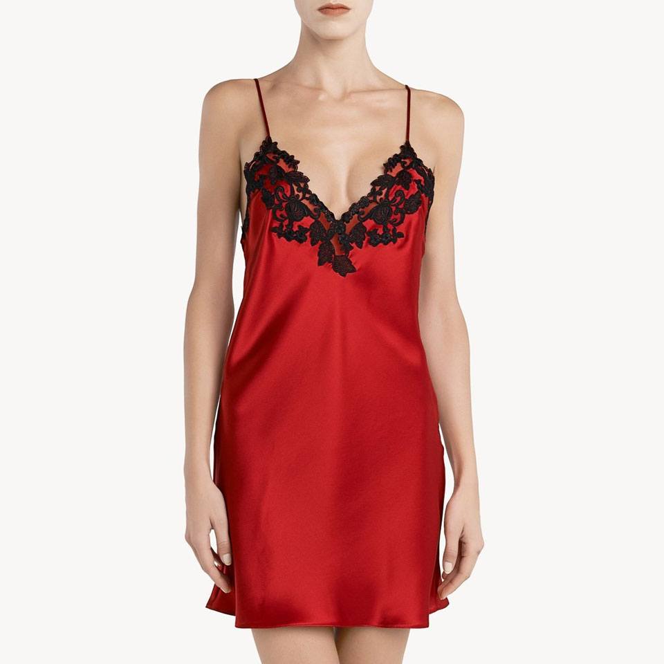 Red silk satin slip with frastaglio