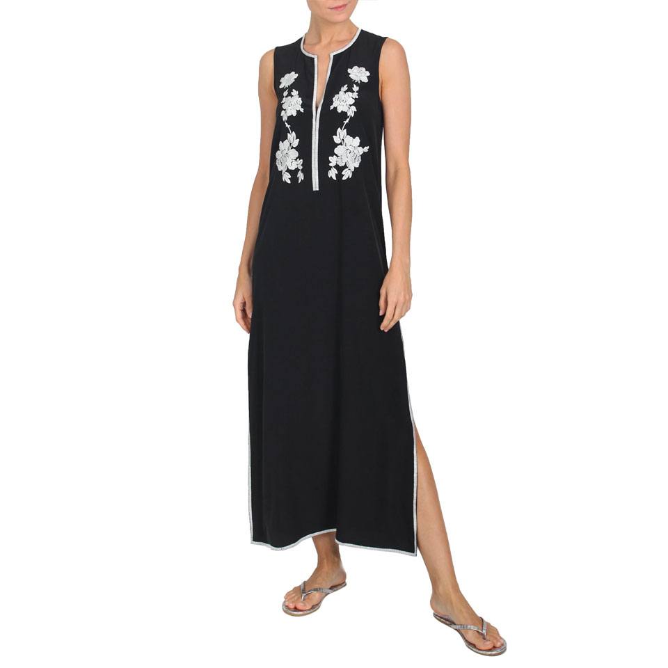 Sleeveless Crepe de Chine Rose Embroidered Dress