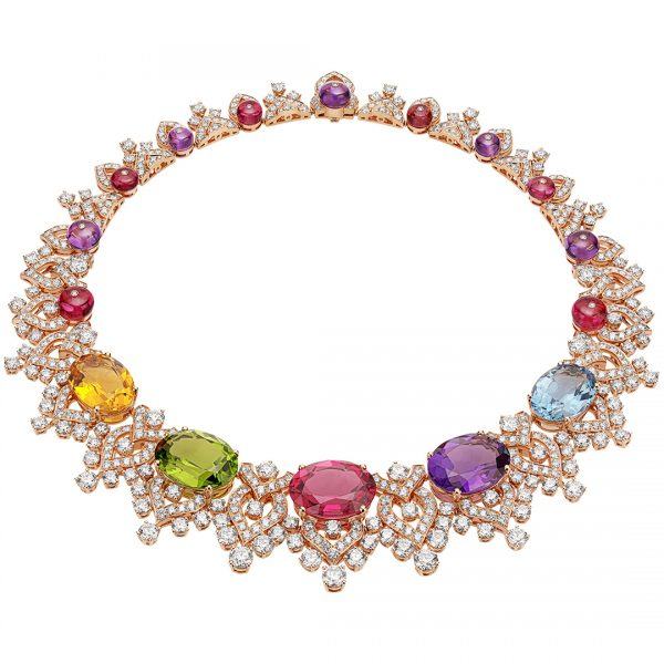 Bulgari Barocko high jewelry necklace with cabochon-cut stones in tanzanite, tourmaline, citrine, rubellite, amethyst, peridot and topaz, along with 25 spinels and nearly 30 carats of diamonds.