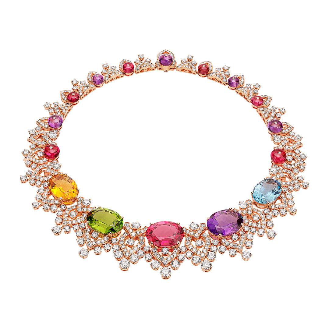 Bulgari Barocko high jewelry necklace with cabochon-cut stones in tanzanite, tourmaline, citrine, rubellite, amethyst, peridot and topaz, along with 25 spinels and nearly 30 carats of diamonds.