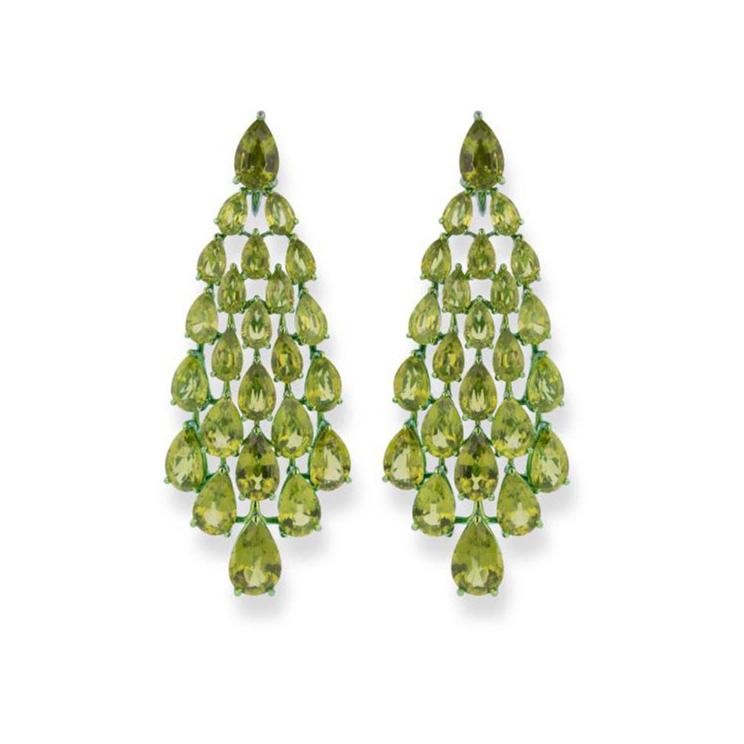 Chopard High jewelry earrings with 48 pear-shaped peridot stones totaling more than 87 carats, set in green-tinted titanium.