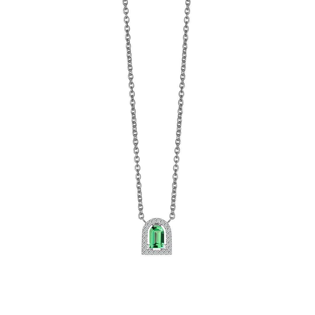 Davidor Couleur pendant necklace with Arch Cut green tourmaline and brilliant-cut diamonds, set in white gold.