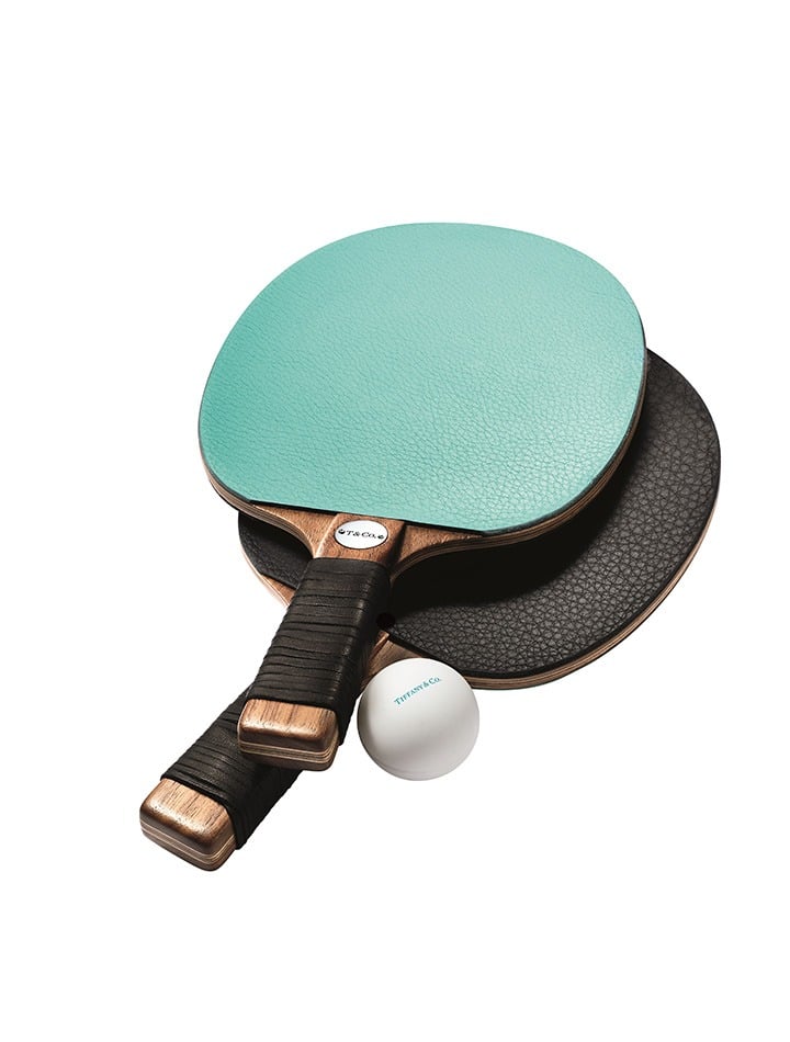 Tiffany & Co. leather and walnut table tennis paddle set