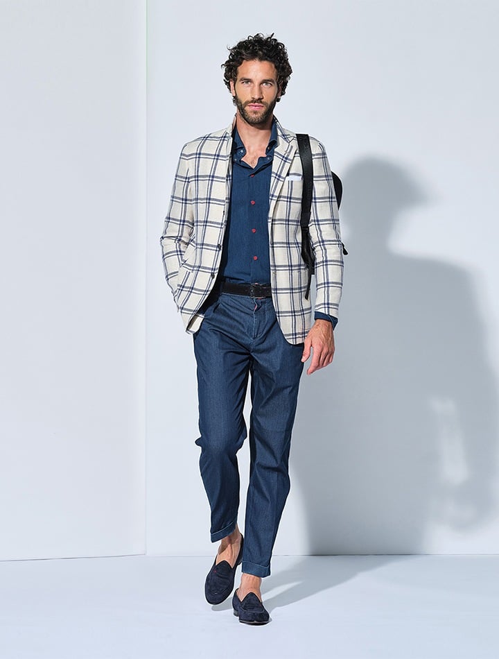 Kiton SS21 blue chequered linen blazer, denim trousers and denim Nerano shirt
