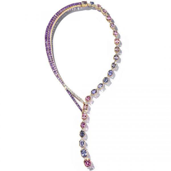 Tiffany & Co Lariat necklace with more than 81 carats of blue, purple and pink spinels that connect around the neck to a strand of diamonds and purple sapphires.