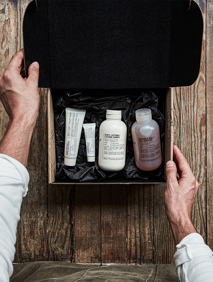 Le Labo skincare featuring hand pomade, lip balm, body lotion, and shower gel