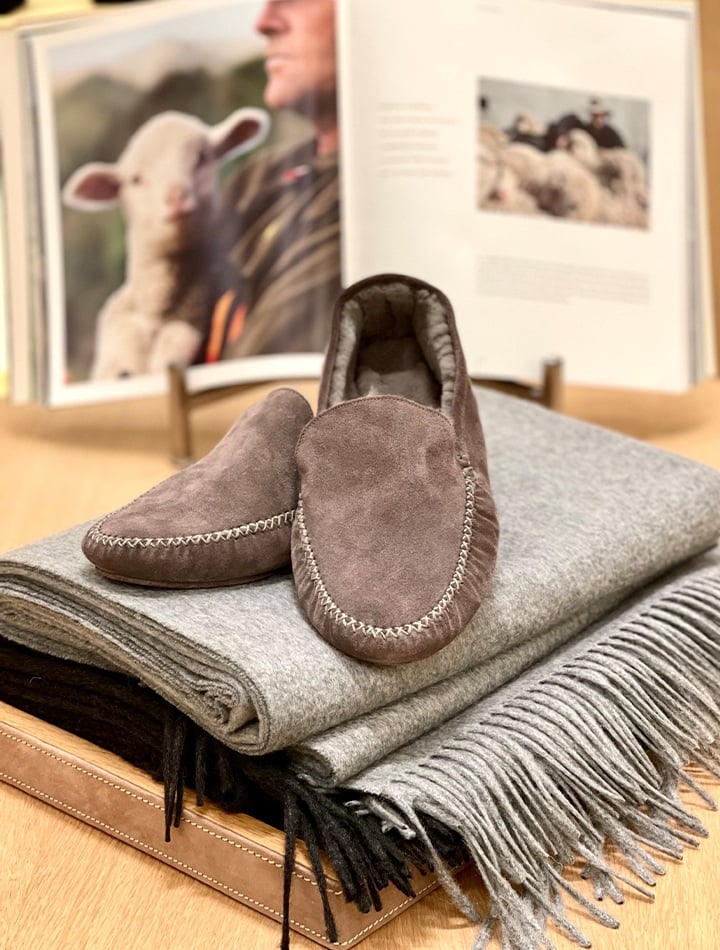 Loro Piana Maurice suede slippers and Unito cashmere blanket