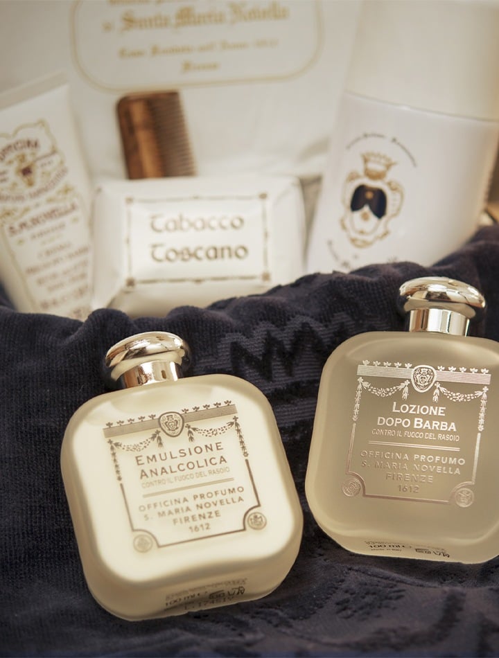 Santa Maria Novella Emilsione Analcolica, Lozione Dopo Barba, Tobascco Toscano, and shaving foam