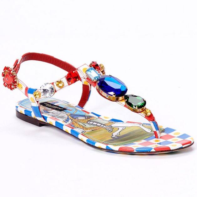 Dolce & Gabbana Carretto-print patent leather thong sandals with bejeweled appliqué