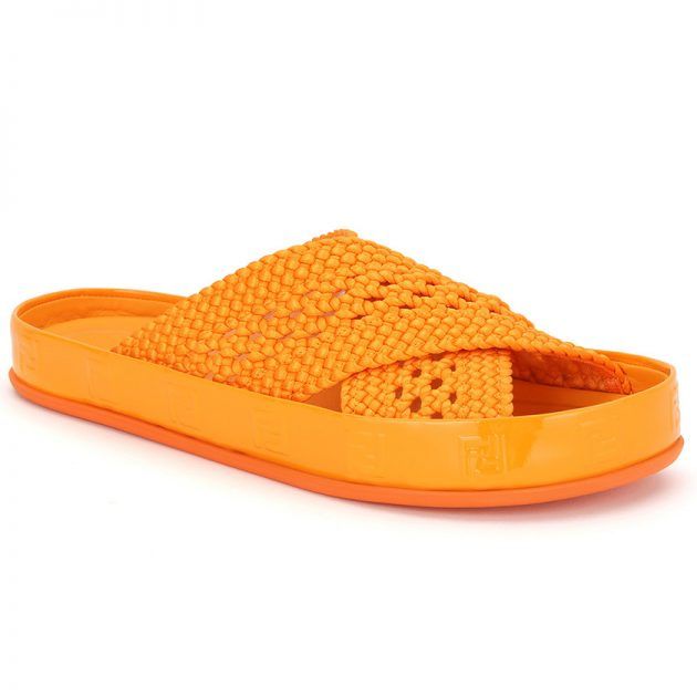 Fendi orange stretch lace slides