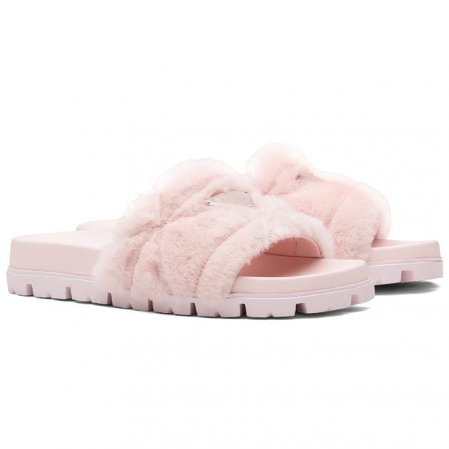 Prada orchid pink shearling slides