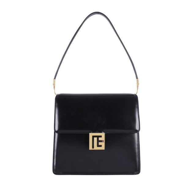 Black squared shoulder bag with front flap and gold closure