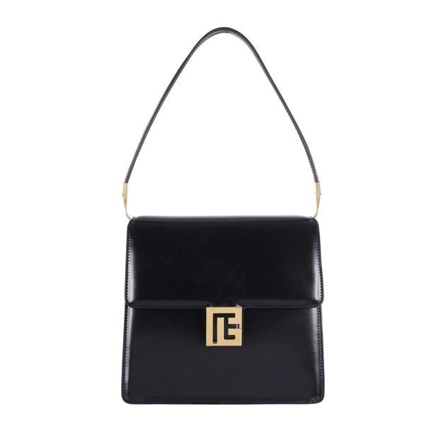 Black squared shoulder bag with front flap and gold closure