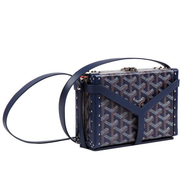 Mini trunk cross-body bag with signature Goyard print in navy