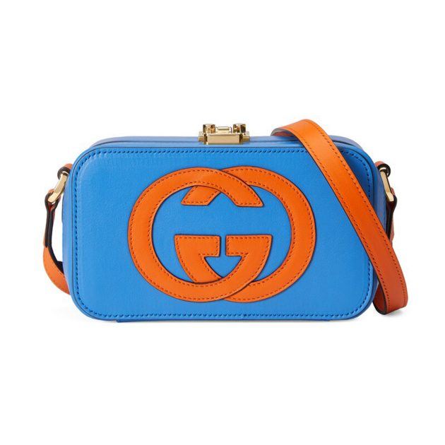 Gucci mini cross-body bag in blue with orange strap and interlocking G logo