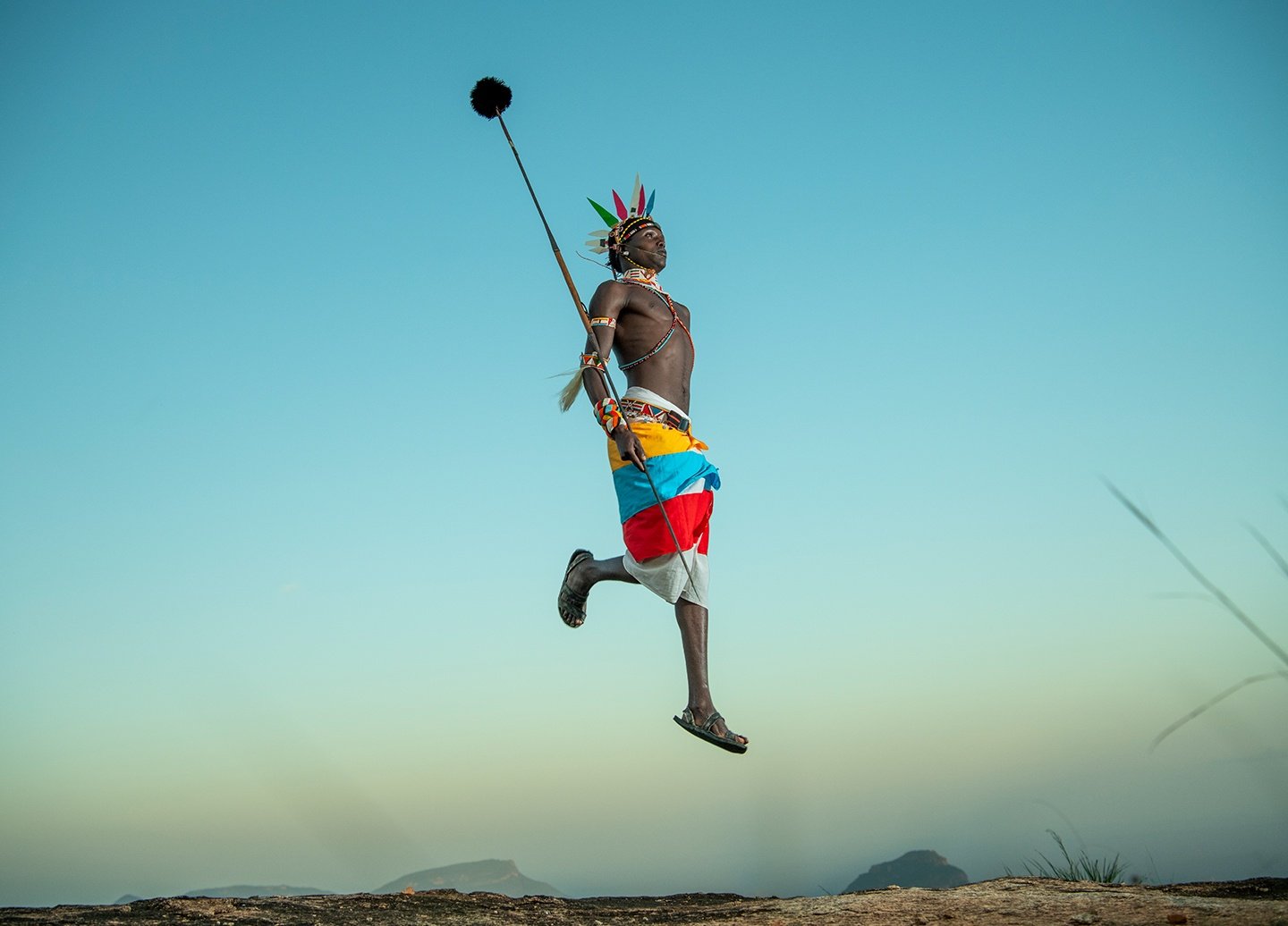 Samburu warrior Tom Lesuda at the top of northern Kenya’s Mathews Range, where the 850,000-acre Namunyak Wildlife Conservancy is situated.