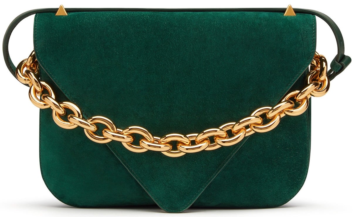 Suede envelope bag in emerald with large gold chain hardware