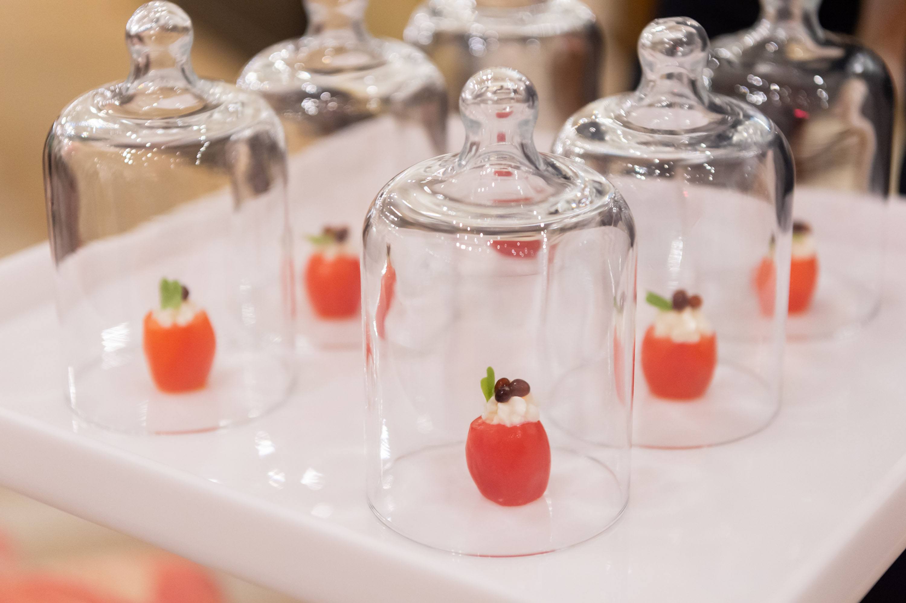 Caprese hors d'oeuvre pictured on a serving tray