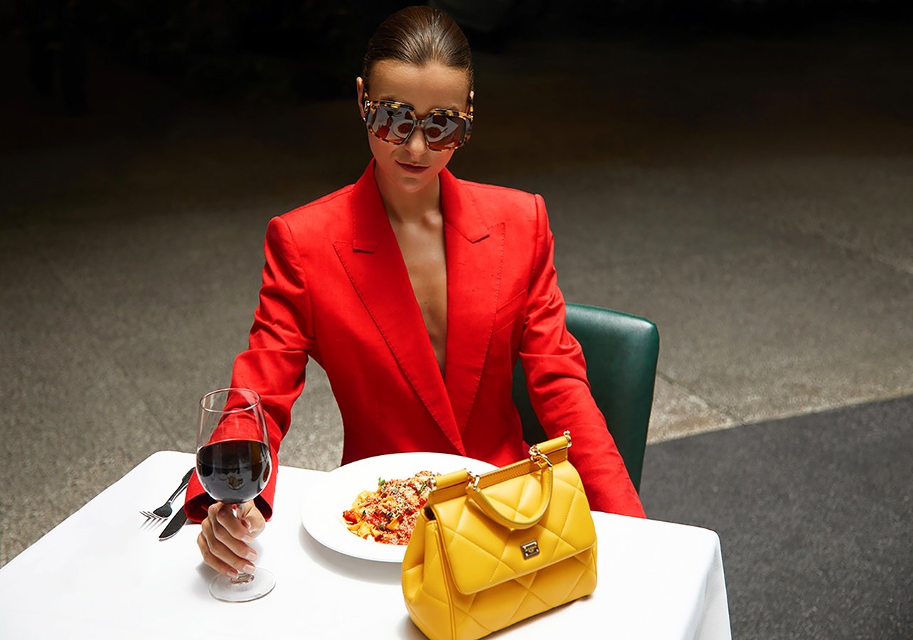 Dolce & Gabbana red wool blazer and pants, and yellow calfskin bag