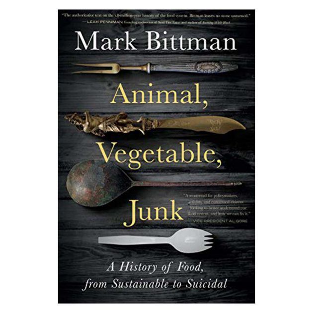 Book cover art for Animal, Vegetable, Junk by Mark Bittman, a variety of forks from historical pieces to a plastic spork