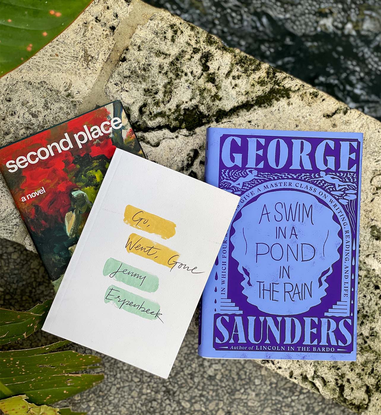 Aerial photo of three books; A Swim in a Pond in the Rain, Go, Went, Gone and Second Place