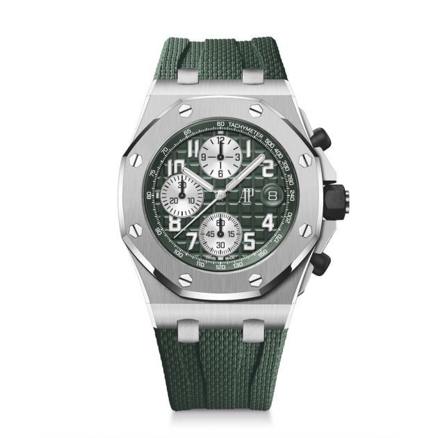 Audemars Piguet watch with silver hardware, forest green face and wristband