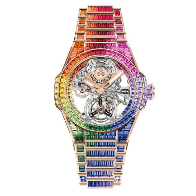 Hublot watch with rainbow encrusted diamond face and wristband