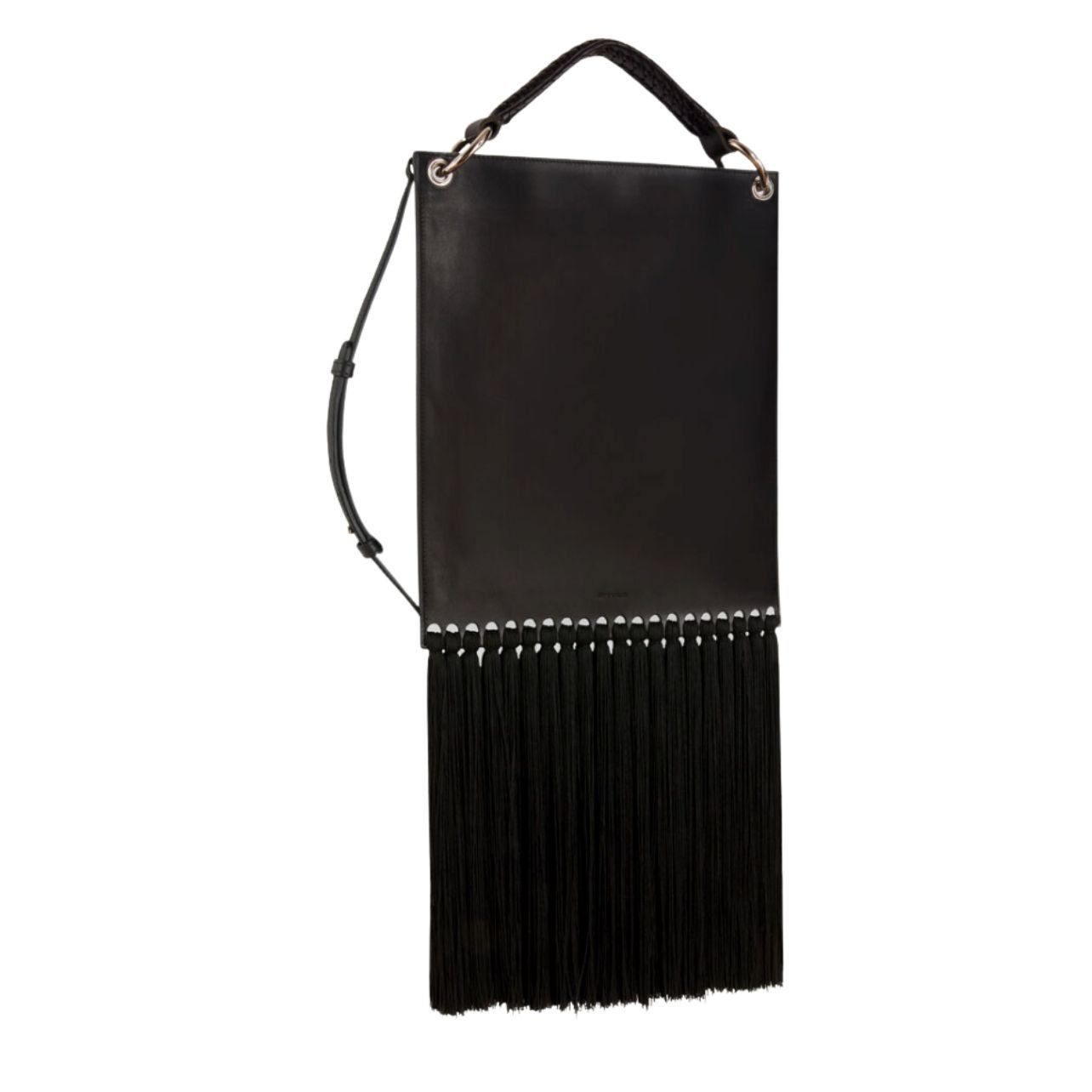 Etro black leather bag with top handle and fringe detail