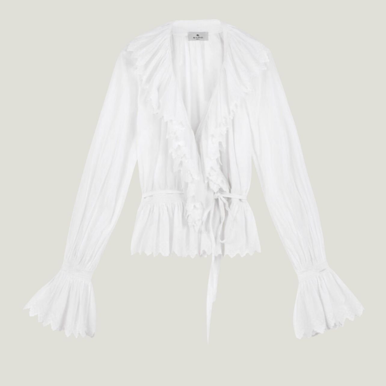 Etro long sleeve white blouse with lace ruffle detailing and a tie closure