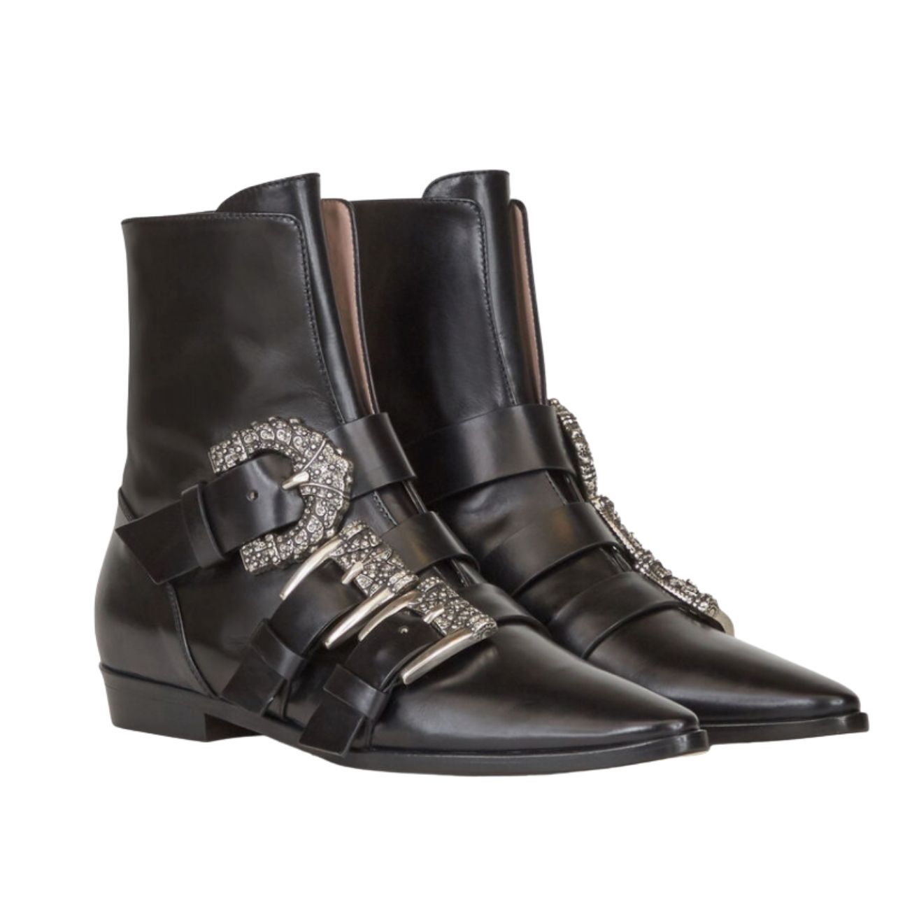 Etro black ankle height books with oversized jeweled buckles