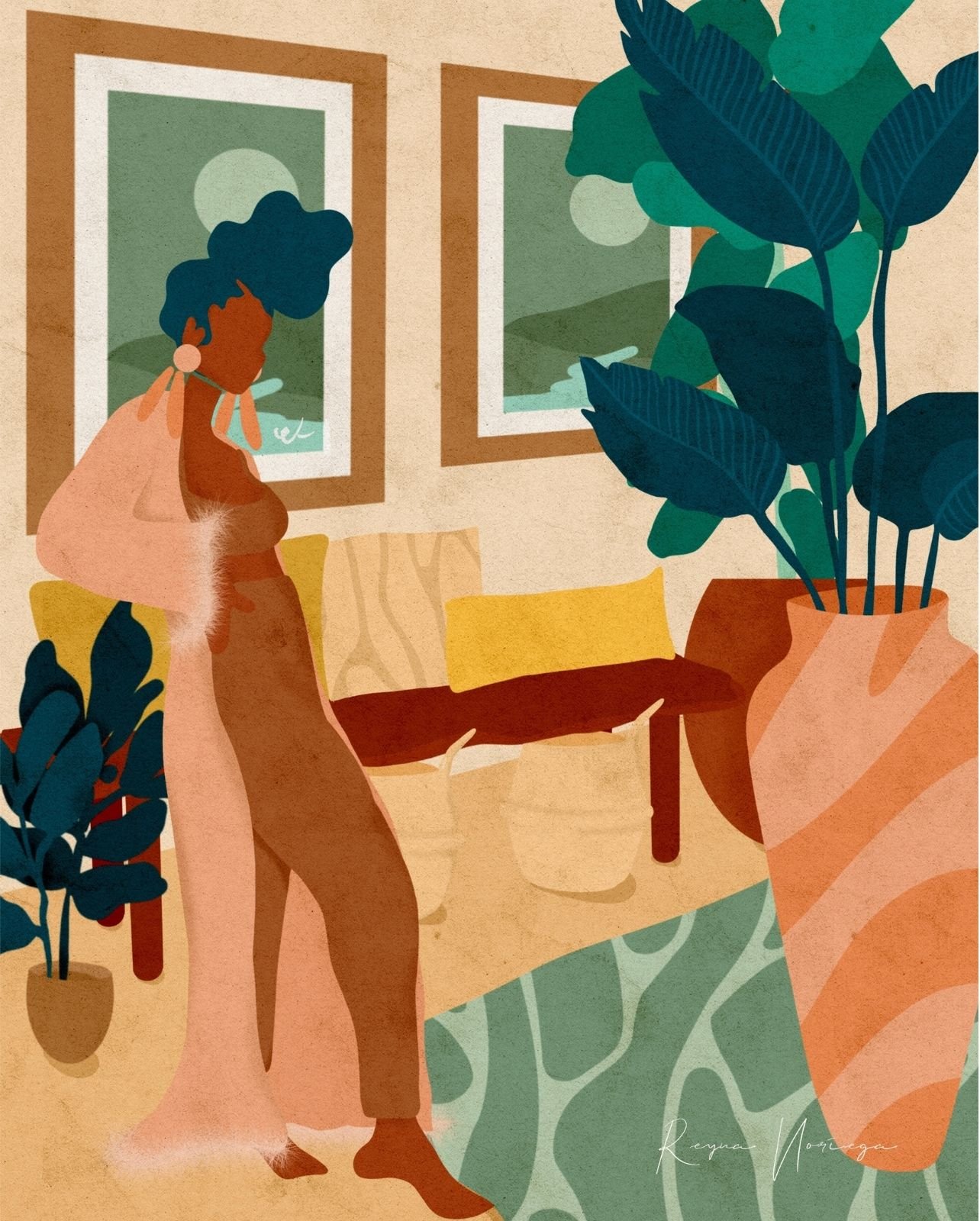 Illustration by Reyna Noriega, woman is wearing lounge clothes in a colorfully decorated room