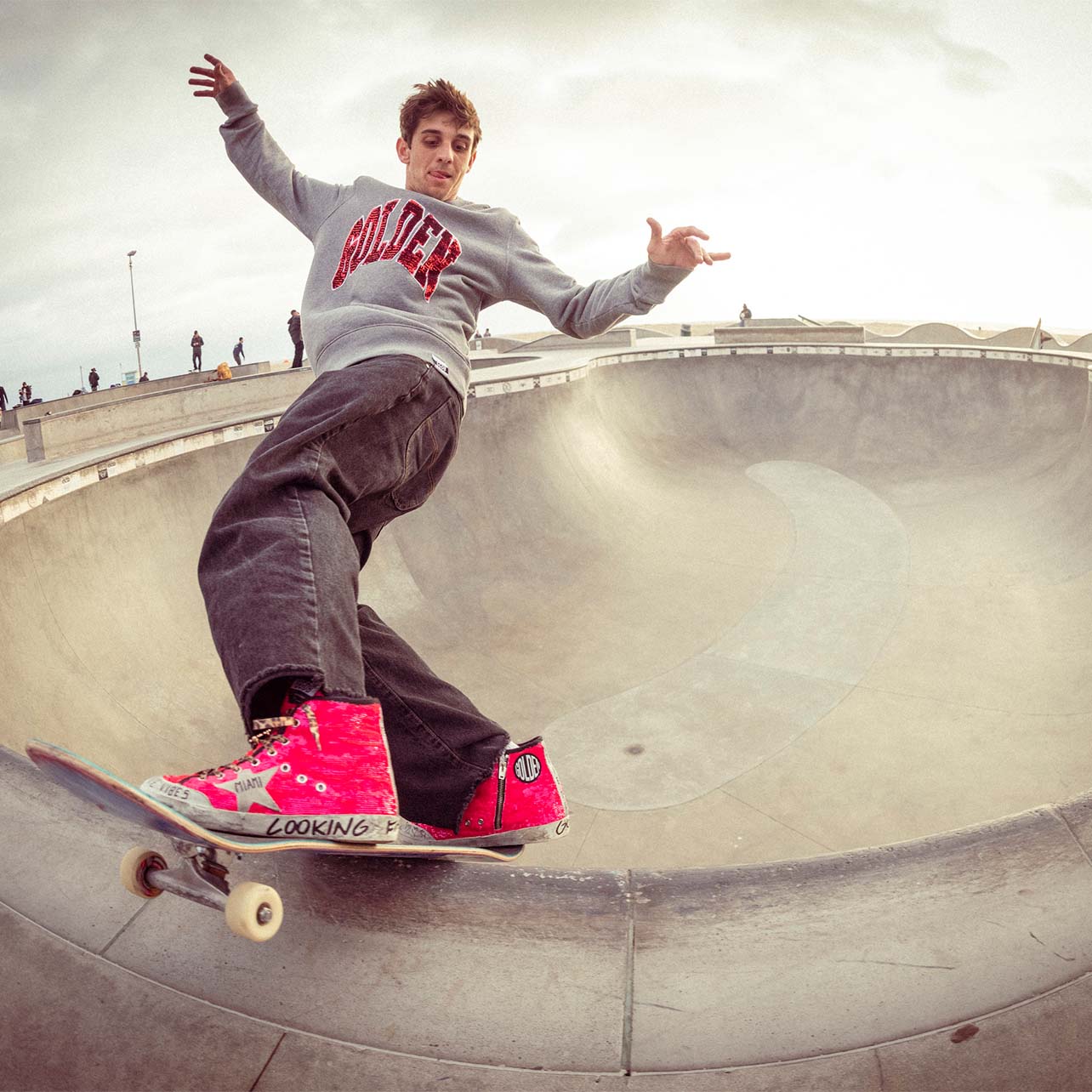 Skateboarder Cory Juneau skating wearing a pair of Golden Goose sneakers