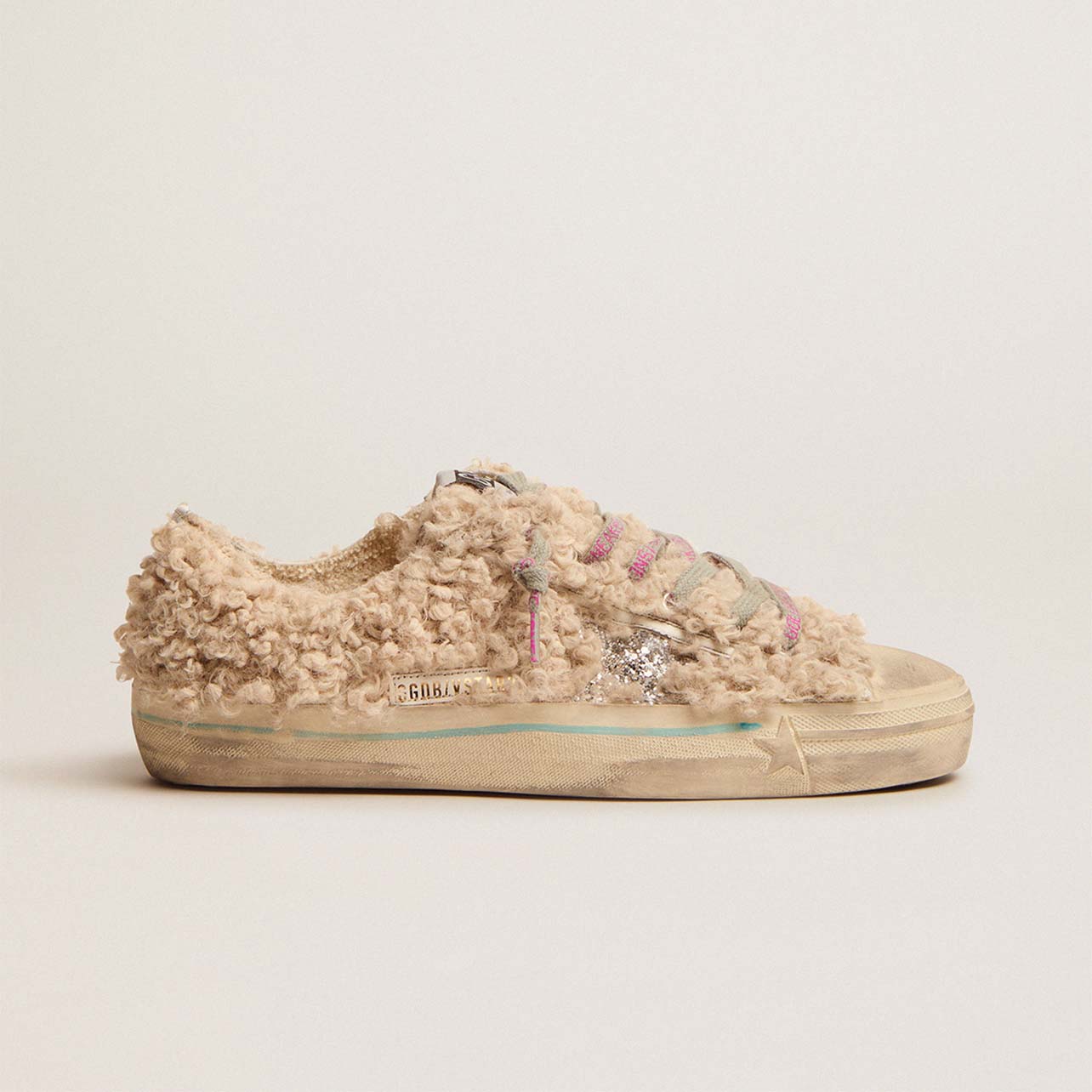 Golden Goose sneaker with pink sherpa and silver sequin star