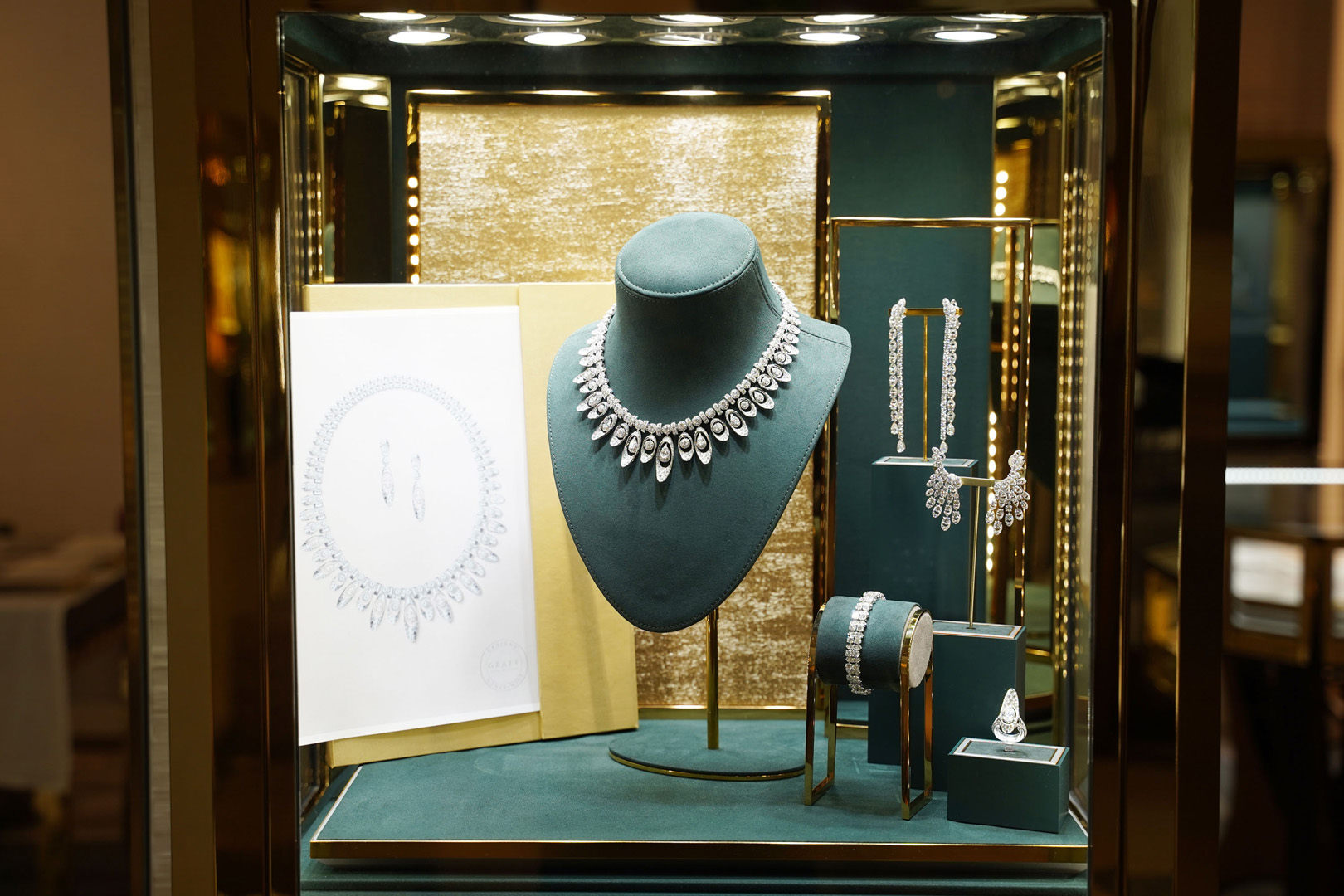 Graff diamond necklace in a display case