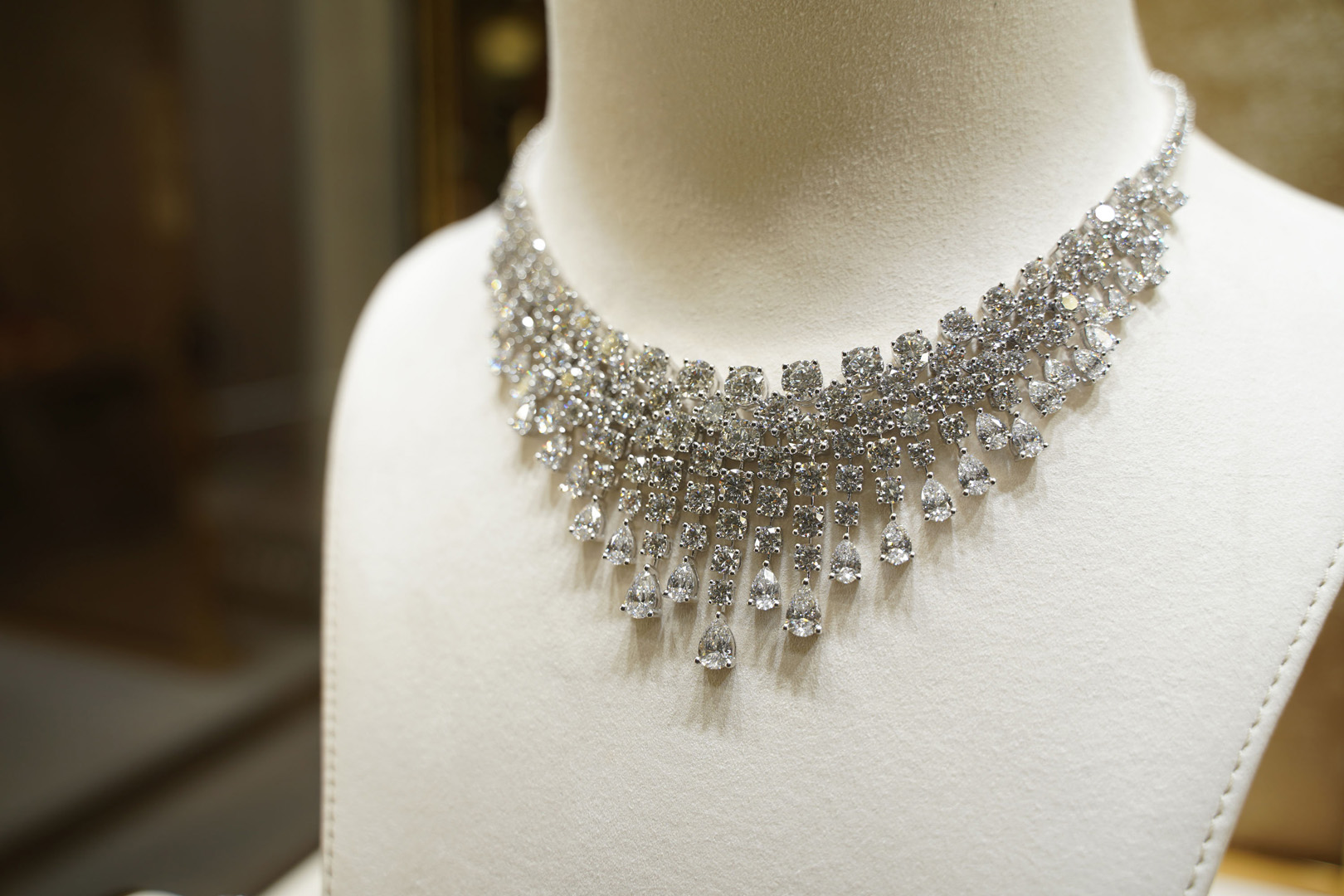 Diamond necklace on display